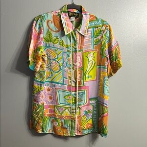 Bob Mackie Pink and Green Casual Button Down Shirt 100% Silk